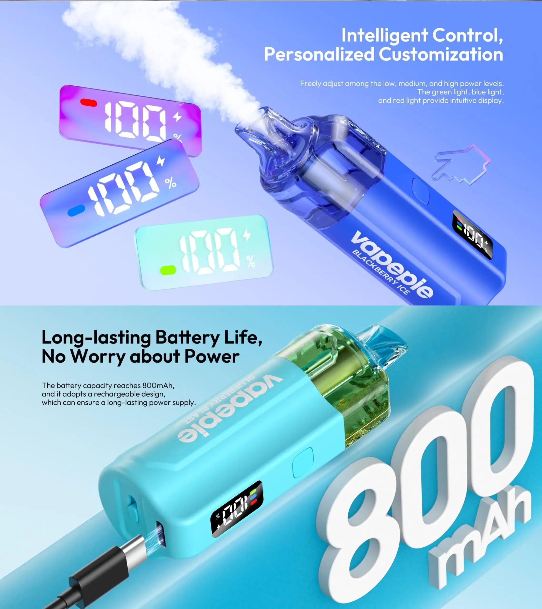 Vapepie-800mAh电池-持久续航-充电设计-电力保障