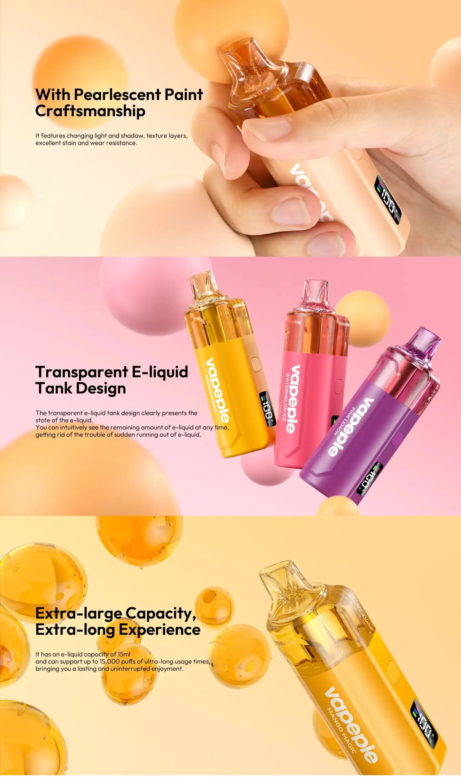 Vapepie-珍珠漆工艺-透明油仓设计-15ml容量-15000口